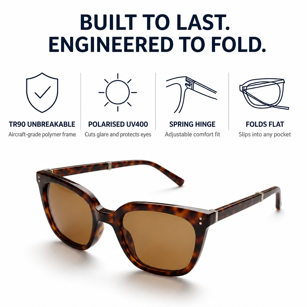 Tortoiseshell Folds folding sunglasses with icons for TR90 frame, polarised UV400 lenses, spring hinge and folds flat