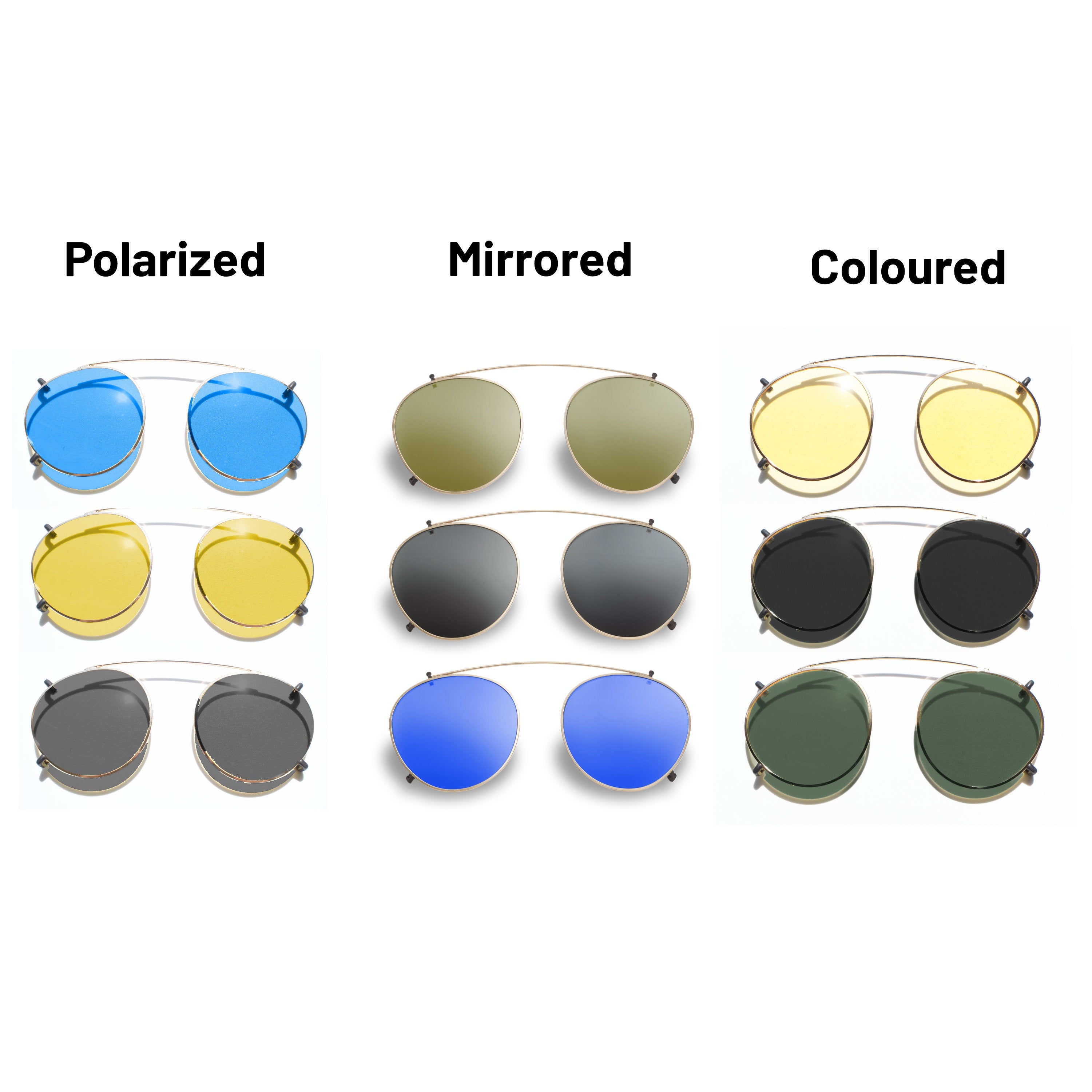 Clippies clip-on sunglasses lens colour options, from light to dark tints