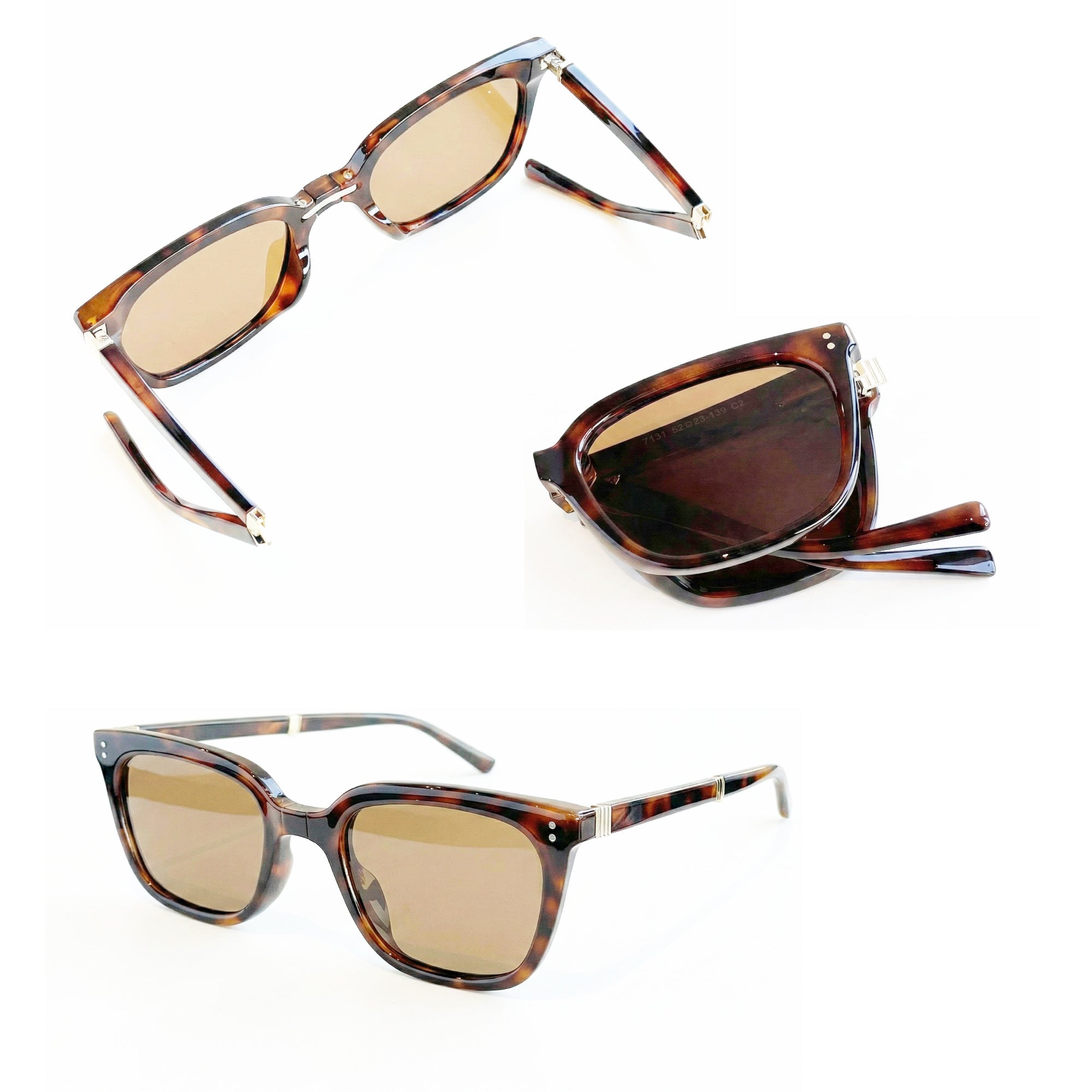 Three pairs of tortoiseshell folding sunglasses with brown lenses on a white background